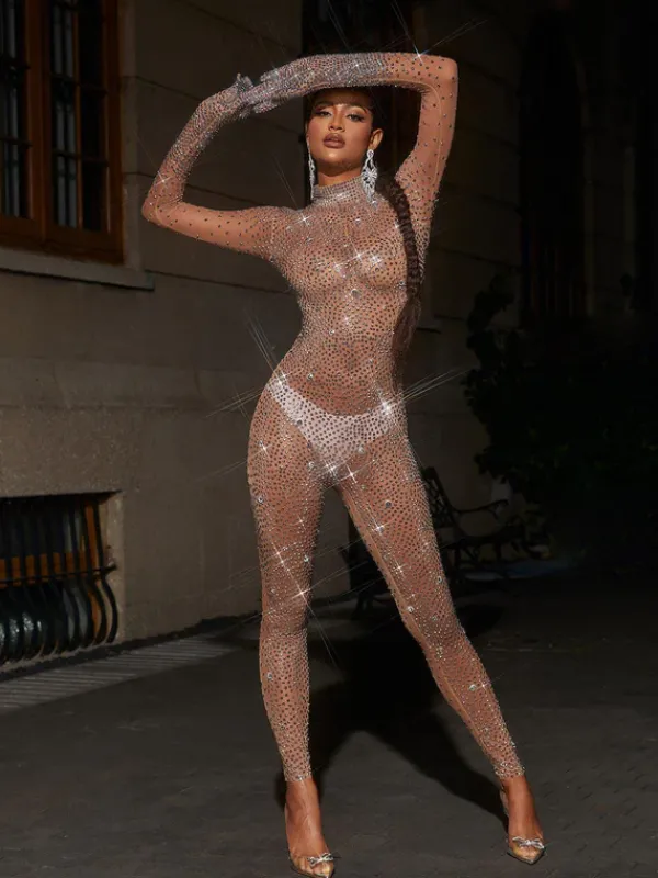 Jumpsuits & Romper*Mew Mews Fashion Ally Rhinestone Mesh Jumpsuit In Dark Nude