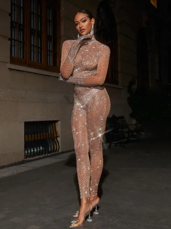 Jumpsuits & Romper*Mew Mews Fashion Ally Rhinestone Mesh Jumpsuit In Dark Nude