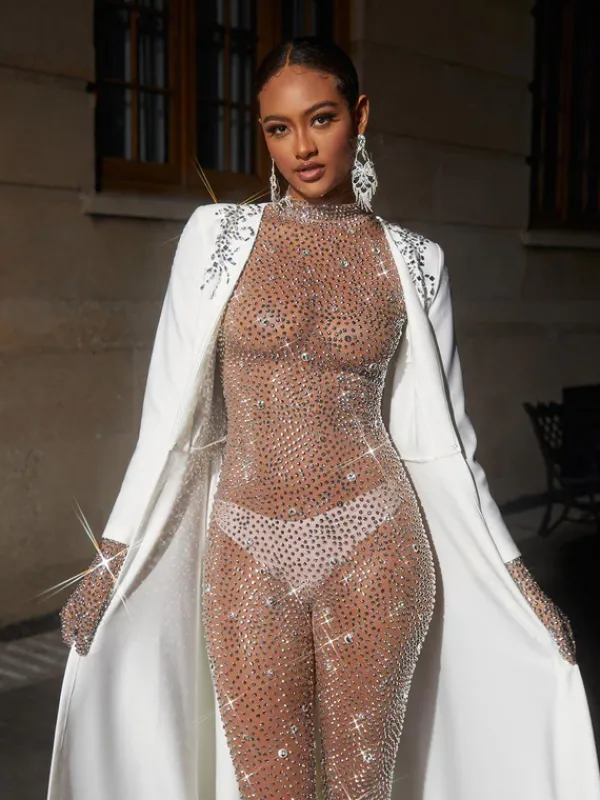 Jumpsuits & Romper*Mew Mews Fashion Ally Rhinestone Mesh Jumpsuit In Dark Nude