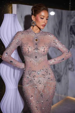 Embellishment|Dresses*Embellishment Alonzo Rhinestone Fringe Mesh Maxi Dress