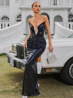 Embellishment|Dresses*Lu Yili Althara Strapless Flower Sequin Maxi Dress