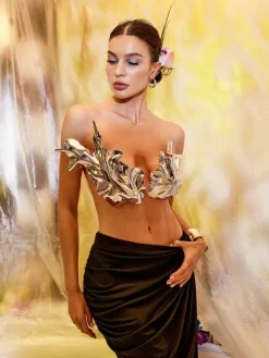 Armor Tops*Mew Mews Fashion O/S Alvaro Metallic Leafy Armor Top