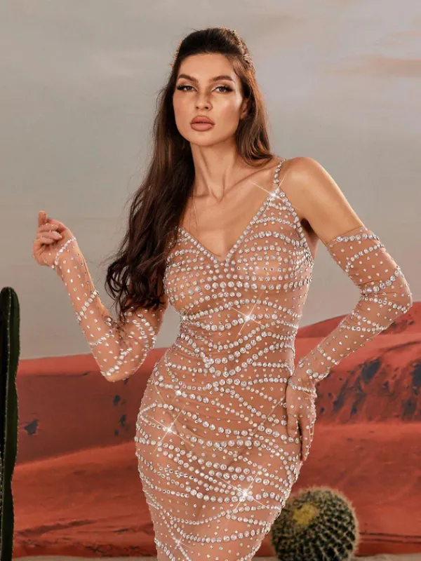 Embellishment|Dresses*Embellishment Amahl Spaghetti Rhinestone Mesh Maxi Dress