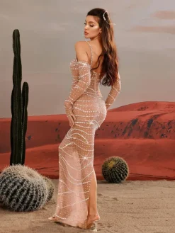 Embellishment|Dresses*Embellishment Amahl Spaghetti Rhinestone Mesh Maxi Dress