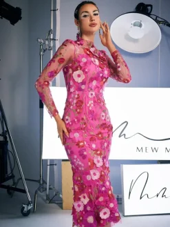 Dresses|Midi Dresses*Mew Mews Fashion Amara Long Sleeve Embroidered Midi Dress In Hot Pink