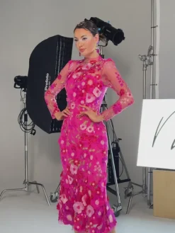 Dresses|Midi Dresses*Mew Mews Fashion Amara Long Sleeve Embroidered Midi Dress In Hot Pink