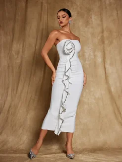 Dresses|Midi Dresses*Bandage Amil Strapless Flower Rhinestone Dress