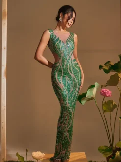 Embellishment|Dresses*Embellishment Anabia Round Neck Printed Rhinestone Maxi Dress