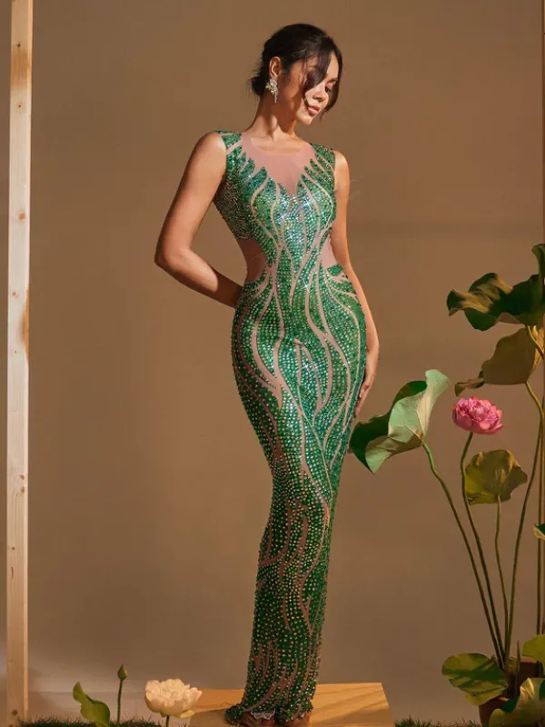 Embellishment|Dresses*Embellishment Anabia Round Neck Printed Rhinestone Maxi Dress