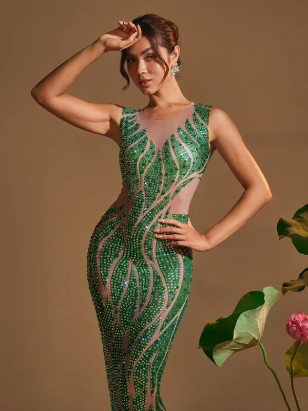 Embellishment|Dresses*Embellishment Anabia Round Neck Printed Rhinestone Maxi Dress