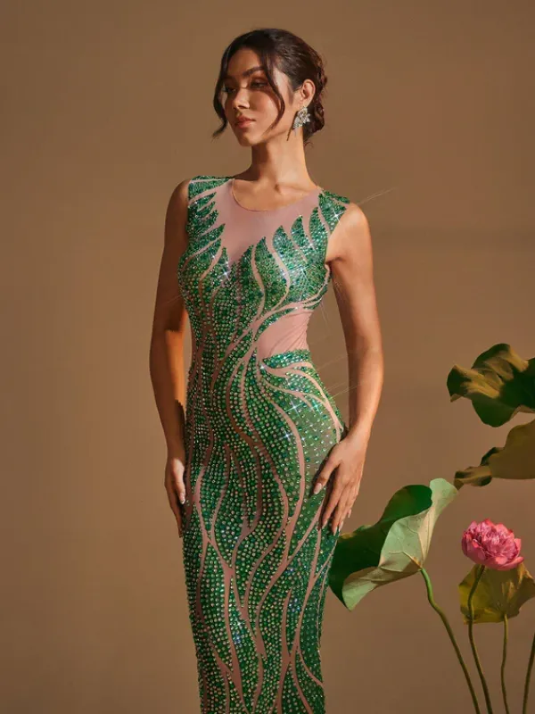 Embellishment|Dresses*Embellishment Anabia Round Neck Printed Rhinestone Maxi Dress