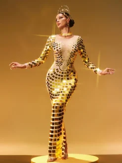 Embellishment|Dresses*Embellishment Angie Long Sleeve Curve Embellished Maxi Dress In Gold