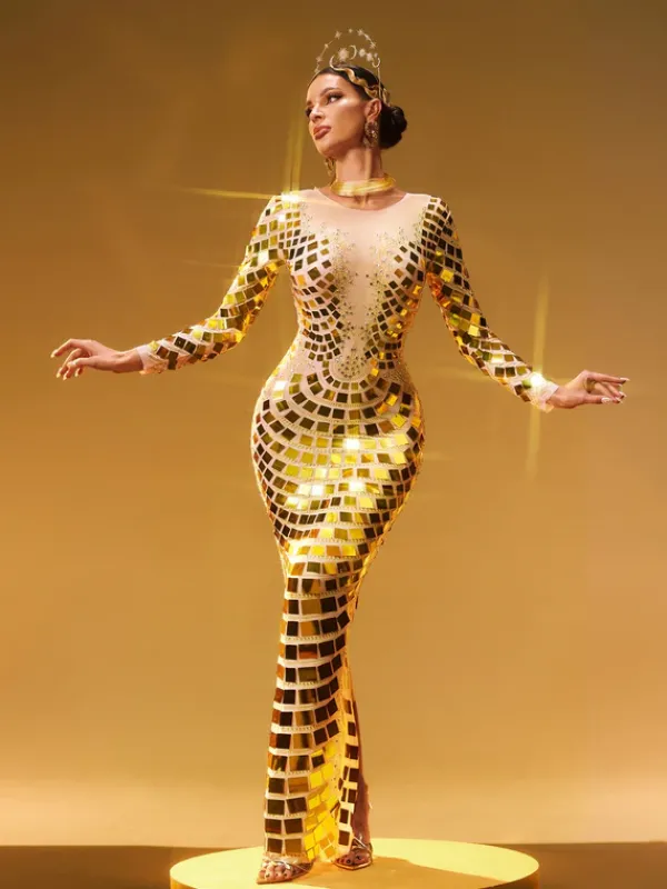 Embellishment|Dresses*Embellishment Angie Long Sleeve Curve Embellished Maxi Dress In Gold