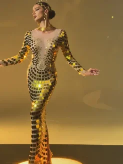 Embellishment|Dresses*Embellishment Angie Long Sleeve Curve Embellished Maxi Dress In Gold