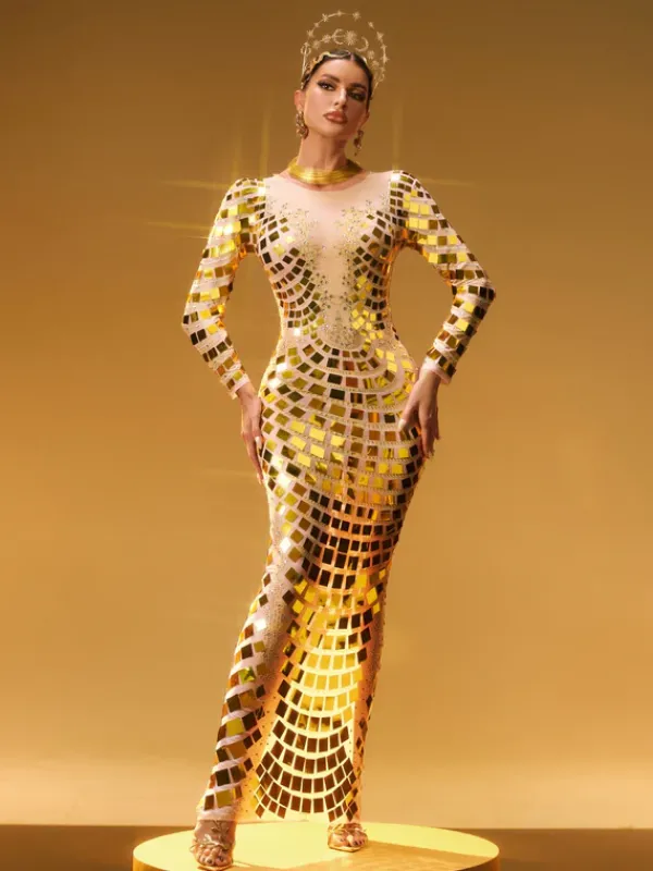 Embellishment|Dresses*Embellishment Angie Long Sleeve Curve Embellished Maxi Dress In Gold