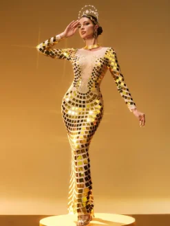 Embellishment|Dresses*Embellishment Angie Long Sleeve Curve Embellished Maxi Dress In Gold