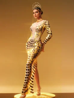 Embellishment|Dresses*Embellishment Angie Long Sleeve Curve Embellished Maxi Dress In Gold