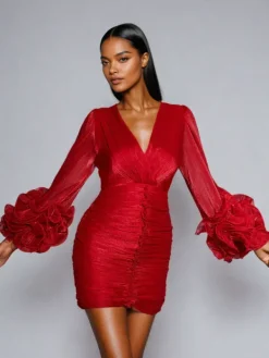 Dresses|Mini Dresses*Mew Mews Fashion Anneline V Neck Ruched Mini Dress In Red
