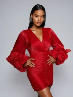 Dresses|Mini Dresses*Mew Mews Fashion Anneline V Neck Ruched Mini Dress In Red