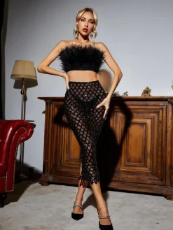 Sets & Co-ords*Bandage Ansley Strapless Feather Mesh Skirt Set In Black