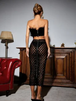 Sets & Co-ords*Bandage Ansley Strapless Feather Mesh Skirt Set In Black