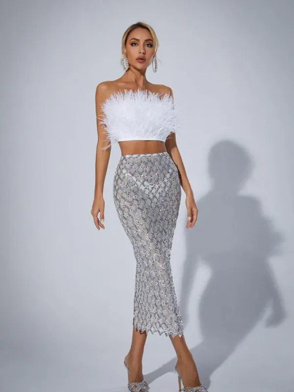 Sets & Co-ords*Mew Mews Fashion Ansley Strapless Feather Mesh Skirt Set In White