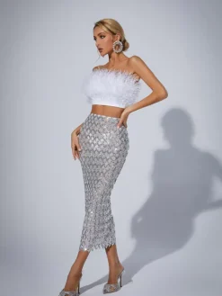 Sets & Co-ords*Mew Mews Fashion Ansley Strapless Feather Mesh Skirt Set In White