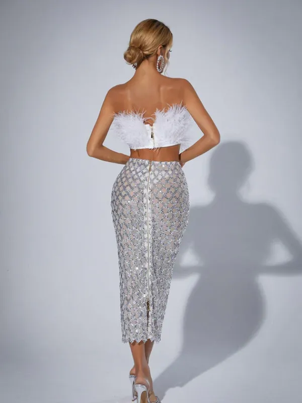 Sets & Co-ords*Mew Mews Fashion Ansley Strapless Feather Mesh Skirt Set In White