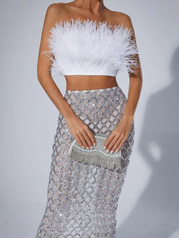 Sets & Co-ords*Mew Mews Fashion Ansley Strapless Feather Mesh Skirt Set In White