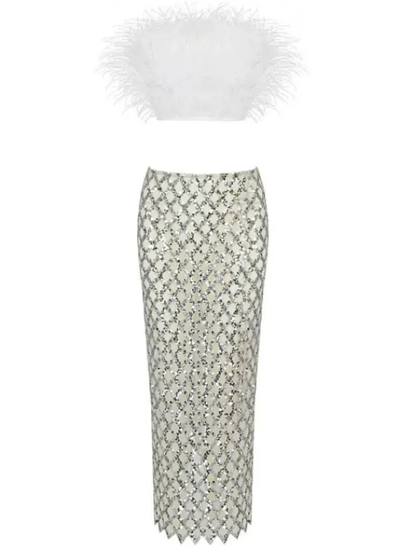 Sets & Co-ords*Mew Mews Fashion Ansley Strapless Feather Mesh Skirt Set In White