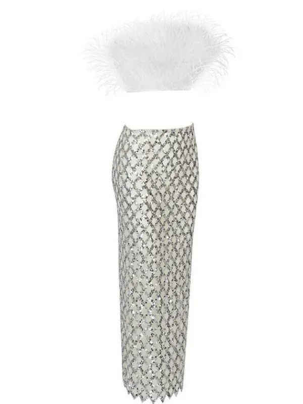 Sets & Co-ords*Mew Mews Fashion Ansley Strapless Feather Mesh Skirt Set In White