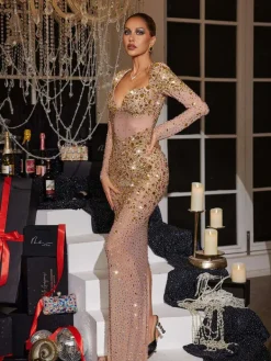 Embellishment|Dresses*Embellishment Aocoa Long Sleeve Rhinestone Maxi Dress