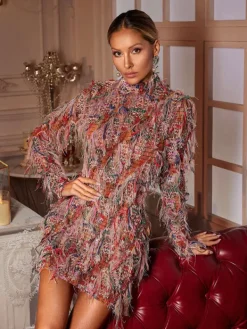 Dresses|Mini Dresses*Mew Mews Fashion Archki Long Sleeve Fringe Mini Dress