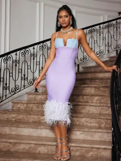 Dresses|Midi Dresses*Bandage Arife Spaghetti Pearl Feather Dress