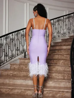 Dresses|Midi Dresses*Bandage Arife Spaghetti Pearl Feather Dress