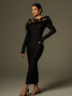 Dresses|Midi Dresses*Bandage Arlen Off Shoulder Feather Midi Dress