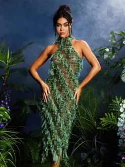 Dresses|Midi Dresses*Mew Mews Fashion Arlo Halterneck Backless Hollow Midi Dress In Green