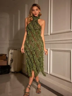 Dresses|Midi Dresses*Mew Mews Fashion Arlo Halterneck Backless Hollow Midi Dress In Green