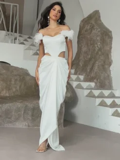 Embellishment|Dresses*Lu Yili Arouette Off Shoulder Cutout Feather Satin Dress