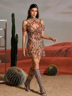 Beaded Wear|Dresses*Mew Mews Fashion O/S Arthur Rhinestone Beaded Mini Dress
