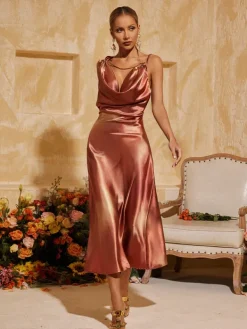 Dresses|Midi Dresses*Mew Mews Fashion Aryndriel Sleeveless Cowl Neck Satin Midi Dress