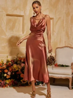 Dresses|Midi Dresses*Mew Mews Fashion Aryndriel Sleeveless Cowl Neck Satin Midi Dress