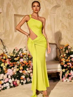 Dresses|Maxi Dresses*Mew Mews Fashion Arythix Cutout Draped Maxi Dress In Lime Yellow