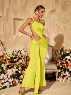 Dresses|Maxi Dresses*Mew Mews Fashion Arythix Cutout Draped Maxi Dress In Lime Yellow