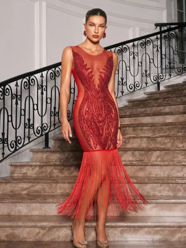 Embellishment|Dresses*Embellishment Ascella Crystal Fringe Mesh Midi Dress