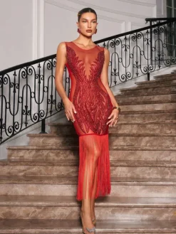 Embellishment|Dresses*Embellishment Ascella Crystal Fringe Mesh Midi Dress