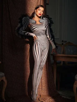 Jumpsuits & Romper|Embellishment*Embellishment O/S Assisi Tulle Trimmed Zebra Printed Jumpsuit