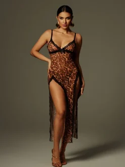 Dresses|Midi Dresses*Mew Mews Fashion Astragal Spaghetti Leopard Split Midi Dress