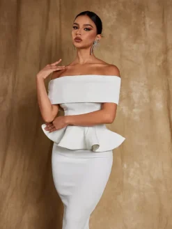 Dresses|Midi Dresses*Mew Mews Fashion Augustus Off Shoulder Flounce Midi Dress In White