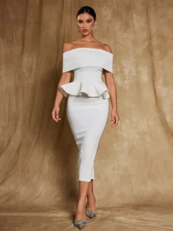Dresses|Midi Dresses*Mew Mews Fashion Augustus Off Shoulder Flounce Midi Dress In White